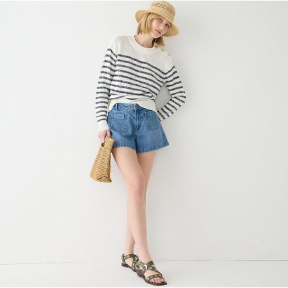 New J Crew Size M Relaxed linen-blend beach sweater in stripe with gold buttons - Picture 1 of 13